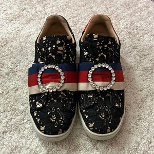 Gucci Black Lace Rhinestone Crystal Embellished AUTHENTIC sneakers 36.5